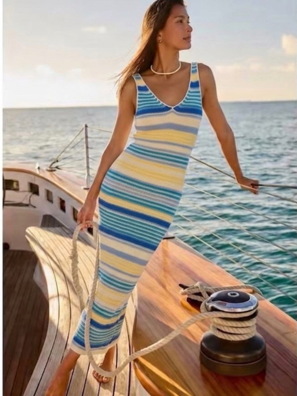 Altar'd State Blue & Yellow Striped Sleeveless Maxi Dress